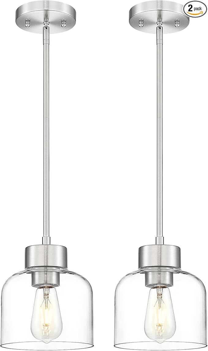 2-Pack Pendant Lights Kitchen Island, 7" Brushed Nickel Hanging Lights Fixtures with Clear Glass Shade, Modern Kitchen Pendant Lighting Over Island for Dining Room, AD-24024-1P2-SN