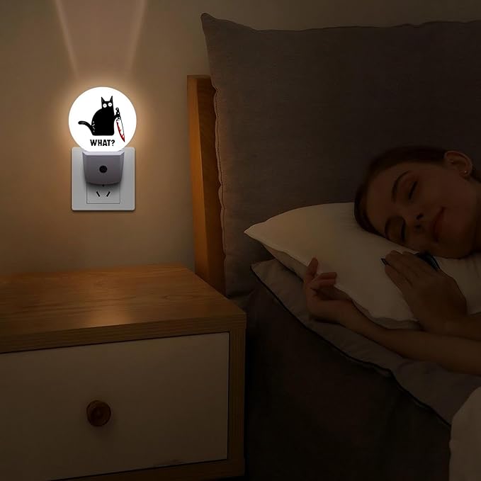 Round LED Night Light,Black Cat and Knife What LED Night Light Plug into Wall with Dusk to Dawn Light Sensor White Energy Efficient Nightlight for Bedroom Bathroom Hallway Living Room Kitchen