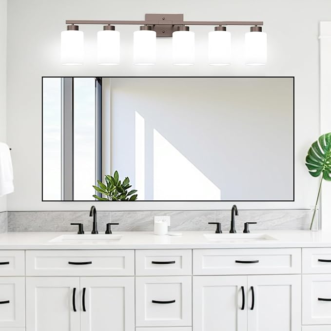 IZORRO Modern Bathroom Light Fixtures, 6 Light Oil-Rubbed Bronze Vanity Lights, Bathroom Lighting Fixtures Over Mirror with White Glass for Living Room Cabinet Bedroom