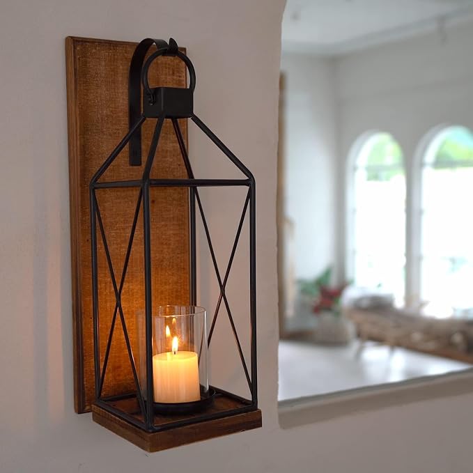 Homemory Wall Candle Sconces Set of 2, Rustic Wood Holders with Glass Decor | Dark Brown Wood and Glass Design Adds Rustic Farmhouse Style for Living Rooms, Bedrooms, Fireplaces and Wall Decor