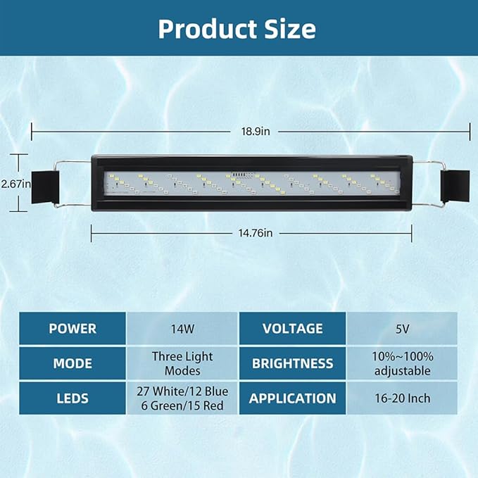 LED Aquarium Light Full Spectrum Fish Tank Light with Dimmer White Blue Red Green LEDs Fish Tank Light with Three Lighting Modes and Extendable Bracket for 16 Inch to 20 Inch Aquarium
