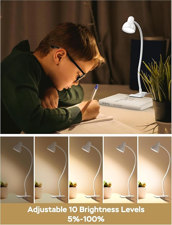 Clip on Lamp USB Reading Light, 3 Color Modes, White | 10 Brightness Dimmable, 360° Flexible Desk Lamp with Clamp, Eye Care Clip on Light for Bed Desk Headboard Home Dorm