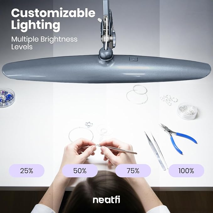 Neatfi XL 2200 Lumens 24W LED Desk Lamp – Shadow-Free Task Lighting | 4-Level Dimming | Home Office & Crafts Use | 20-Inch Wide Head (Gray, Non-CCT with Clamp)