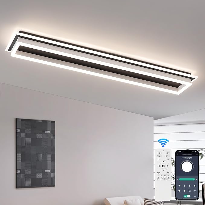 Dimmable Led Ceiling Light with Remote Control Modern Linear Flush Mount Ceiling Lighting Fixture Acrylic Long Ceiling Lamp for Living Room Kitchen Dining Room Hallway (Black&White,39.3inch)