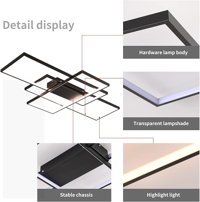 GEADI 35.4" Modern LED Ceiling Light, Dimmable Flush Mount with Remote | Black Geometric Square Light Fixture with Adjustable Color Temperature for Kitchen, Bedroom, Dining Room and Hallway