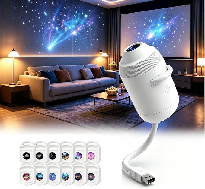2027 New Hd Smart Dynamic 5D Holographic Night Light Projector, Plug and Play HD Star Projector with 24 Films , 360° Adjustable 2-in-1 Galaxy Projectors Night Light, USB Powered for Bedroom（12 Films）