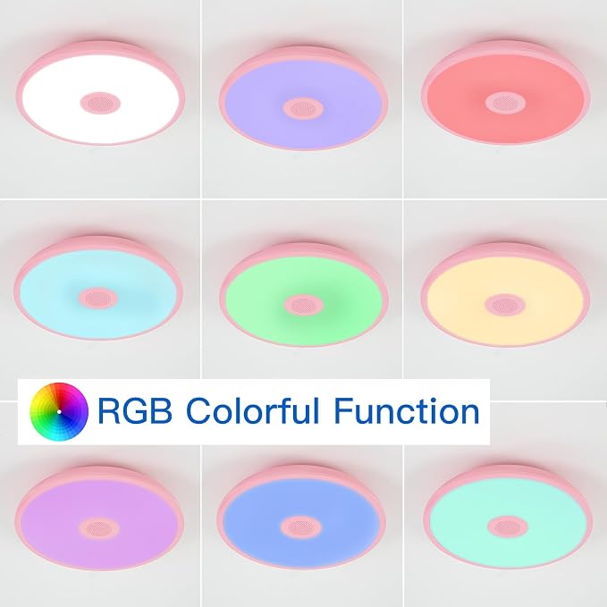 Pink Waterproof LED Flush Mount Ceiling Light Fixture,with Bluetooth Speaker,11 Inch,18 watt,Dimmable Music Lamp,RGB Color Changing Light with Remote Control,for Bathroom,Shower,Bedroom