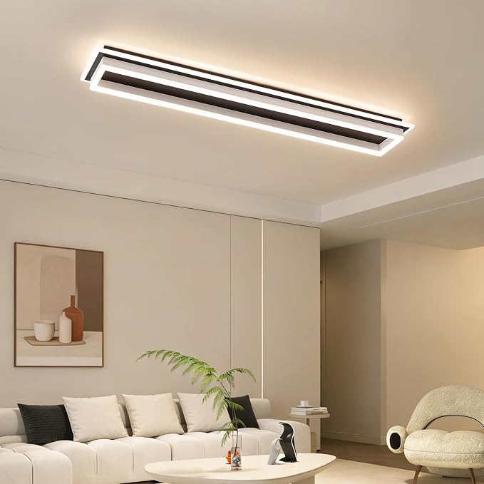 Dimmable Led Ceiling Light with Remote Control Modern Linear Flush Mount Ceiling Lighting Fixture Acrylic Long Ceiling Lamp for Living Room Kitchen Dining Room Hallway (Black&White,39.3inch)