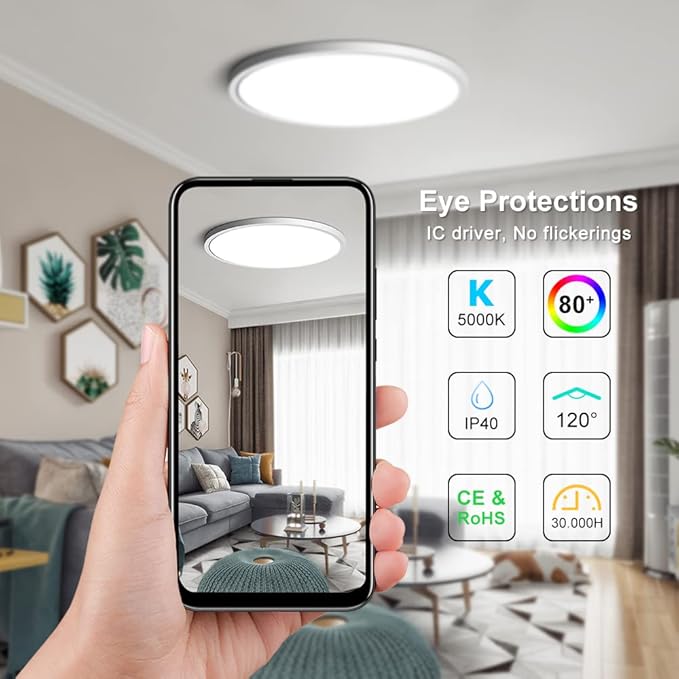 12 Inch LED Flush Mount Ceiling Light Fixture, 5000K Daylight White, 24W(240W Equivalent), 3200LM, Slim Modern Ceiling Lamp, Flat Round Ceiling Lighting for Bedroom Hallway Kitchen