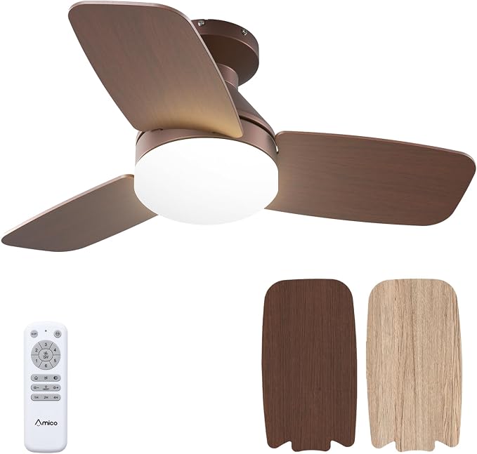 Amico 30 Inch Brown Low Profile Ceiling Fans with Lights and Remote | Flush mount, 3-color dimmable light, quiet reversible DC motor, easy install, memory, timer, bedroom, covered outdoor areas