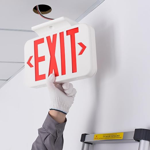 Amazon Basics LED Emergency Exit Sign, Double Face, Fire Resistant, UL Certified, Hardwired with Battery Backup, White, 2-Pack