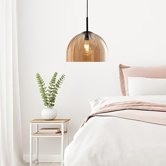 Modern Dome Pendant Lighting Fixture Kitchen Island, 11.8 Inch Large Boho Chandelier, Rustic Farmhouse Industrial Hanging Lamp Ceiling Lights with Amber Glass Bell Lampshade