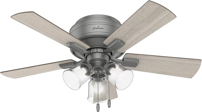 Hunter Crestfield, Indoor, Ceiling Fan, Quiet, 42 inch, Matte Silver | with LED Lights and Pull Chain, Low Profile Flush Mount, 5 Blades, For Bedroom, Living Room, Kitchen, 51025