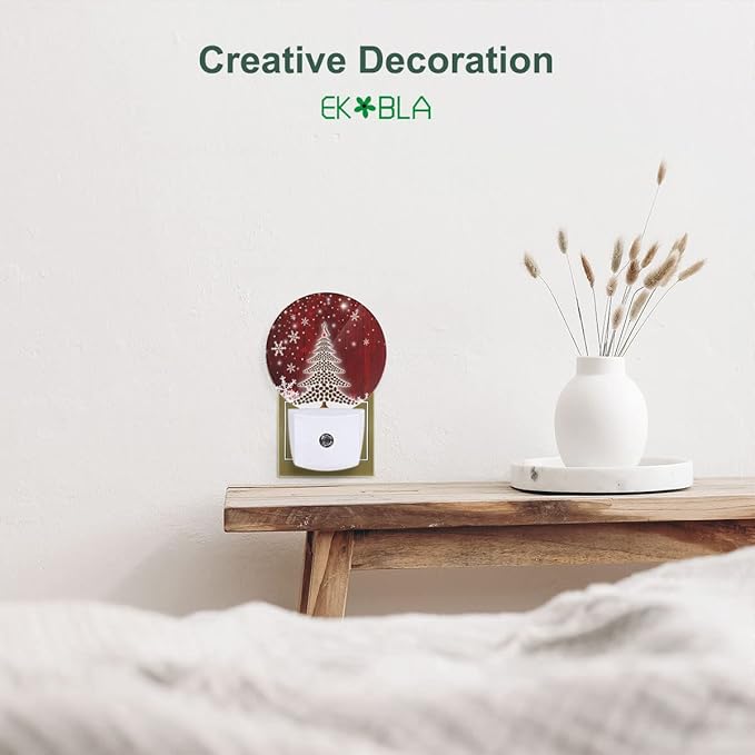 EKOBLA Farmhouse Red Christmas Night Light Sparkling Snowflakes & Trees Plug-in Nightlights for Holiday Season Decoration