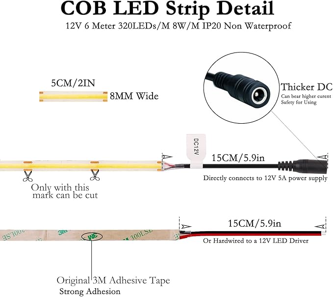 JOYLIT 12V COB LED Strip Lights 6000K Cool White 20FT/6M 320LEDs/M Uniform CRI 90+ Non Waterproof Tape Light for Cabinets, Shelves, Counters, Closets Decoration (LED Strip Only)
