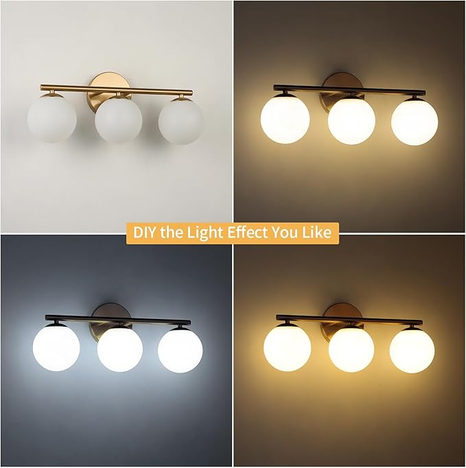 Globe Bathroom Light Fixtures 3-Light Brass Gold Vanity Light with Plastic Milk White Globe Shades 11.81 inch Wall Sconce Lighting Over Mirror, Vanity Lights for Bathroom Bedroom Hallway