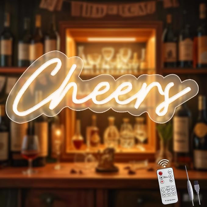 Upgraded Cheers Neon Sign with Timer Remote Control,5V USB Powered Cheers LED Signs for Home Pub,Birthday,Wedding,Bar Cart,Party 16.5 * 7in(Flash/Dimmable/Timmer)