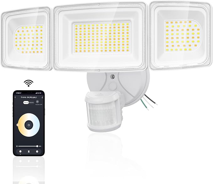 Onforu 100W Smart Outdoor Security Lights with Motion Sensor, WiFi APP Control, Compatible with Alexa & Google Assistant, 9000LM Dimmable LED Flood Light, 2700K-6500K, 3 Adjustable Heads, White