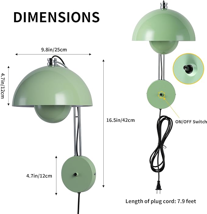 Mid-Century Modern Bud Plug in Wall Sconces for Bedroom, Pastel Green | Indirect lighting reading wall lamp, all-metal construction, plug-in or hardwired install, fits bedroom bedside, living room