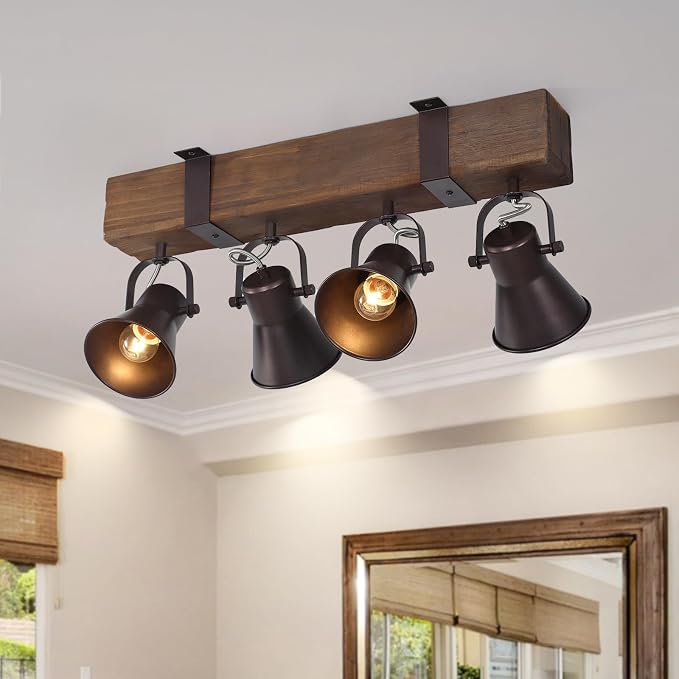 4 Light Semi Flush Mount Ceiling Light, Farmhouse Wooden Track Lighting Fixtures Ceiling, Rustic Kitchen Lights Ceiling for Island Dining Room Living Room.