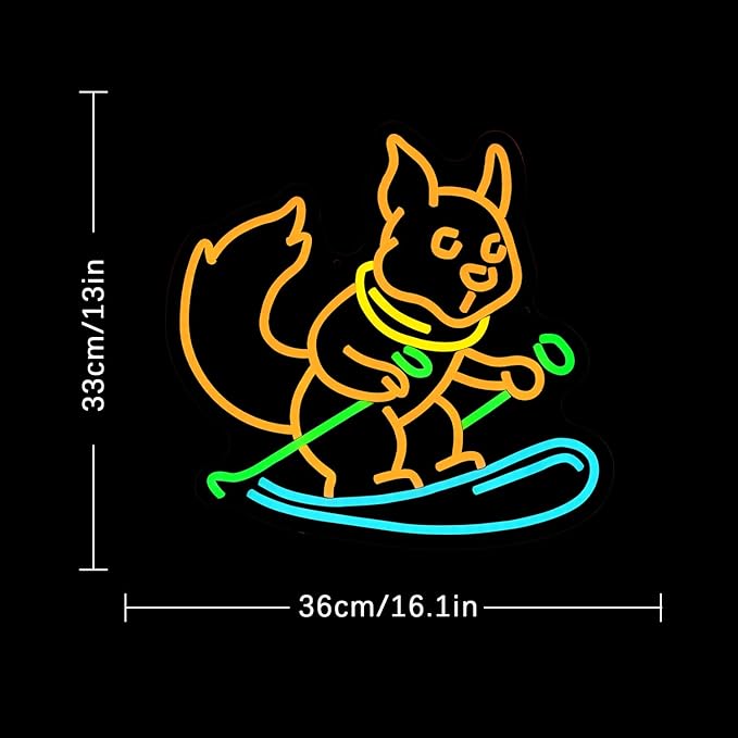 Squirrel Skiing Neon Sign for Wall Decor, Animal Snow Skiing Neon Signs Light, USB Powered Orange Squirrel Led Light Up Sign for Bedroom Pet Store Ski Area Decoration