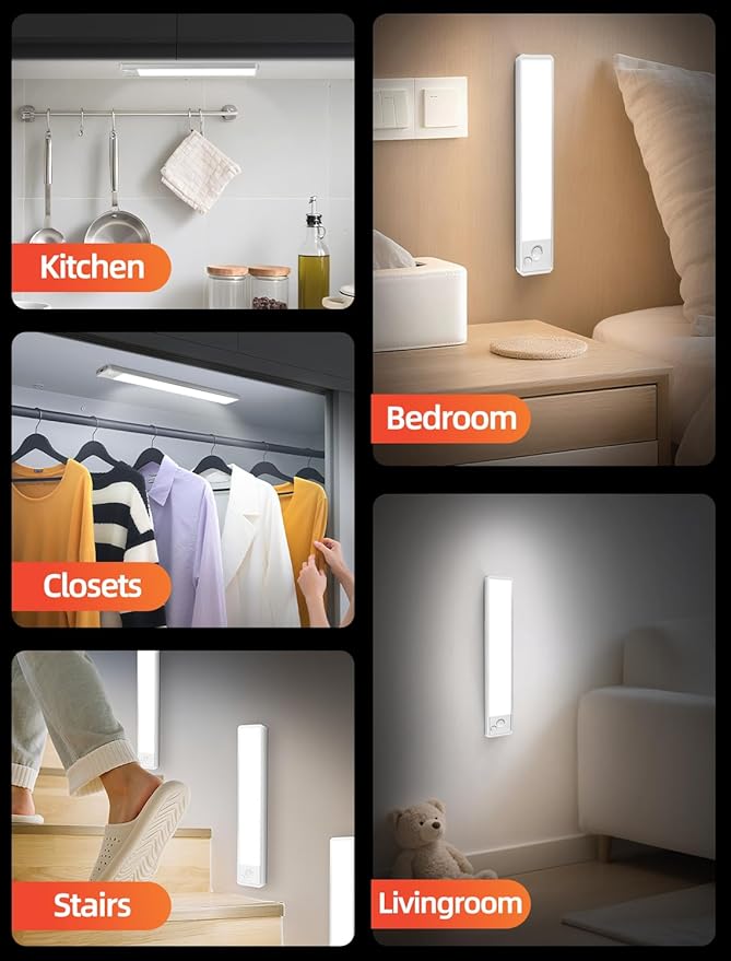 Under Cabinet Rechargeable Lighting: 8 Inch Motion Sensor Dimmable Lights Indoor - Battery Operated Lights - Wireless Closet Light Magnetic Led Light for Kitchen Home Bathroom Counter 6 Pack