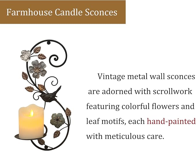 Farmhouse Wall Candle Sconces Set of 2 - Distressed Candle Holder Wall Mounted for Pillar - Vintage Metal Decor with Flower Leaves for Hallway Fireplace Bedroom Living Room