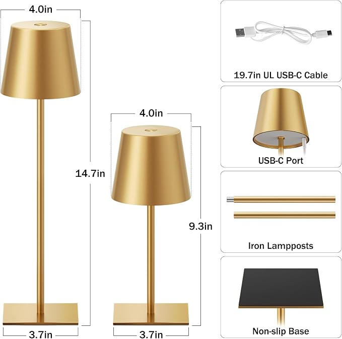Kakanuo Gold Cordless Rechargeable Table Lamp, 4 Pack Portable Desk Lamp with 5000mAh Battery, Touch Control Stepless Dimming, Wireless Night Light for Dining, Outdoor Camping, Coffee Shop