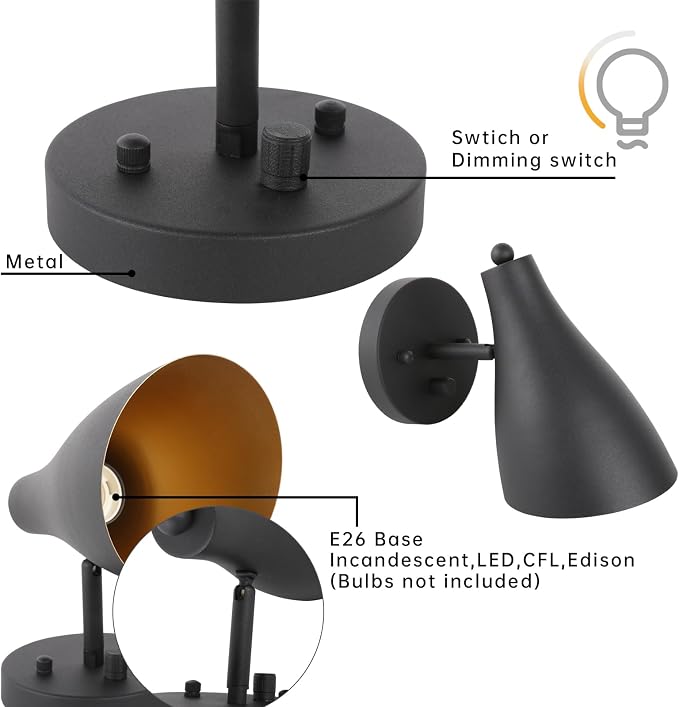 Adjustable Wall Sconce Lighting with Dimmer Switch | Vintage Wall Vanity Lighting Matte Black Finish, Hardwired Wall Light Lamp for Bedside Living Room