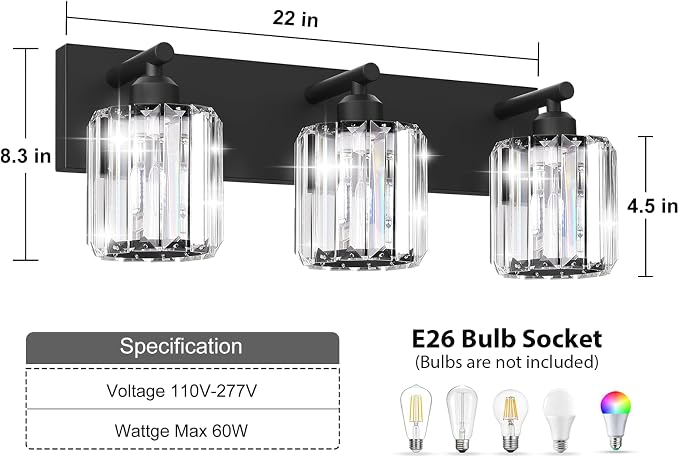 Black Crystal Bathroom Vanity Light, 3-Light Modern Bathroom Lighting Fixtures Over Mirror, Matte Black Wall Sconce Light Fixtures with Round Shade