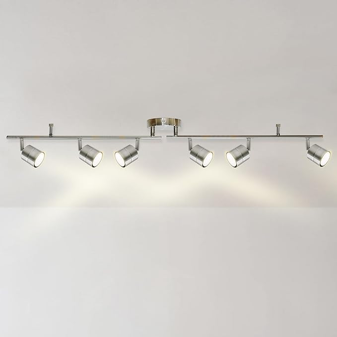 6-Light Brushed Nickel Track Lighting Kit with GU10 LED Bulbs - 44.5” Adjustable Ceiling Spotlight Fixture, 270° Swivel & 90° Tilt for Kitchen, Living Room, Dining Room, Gallery Display