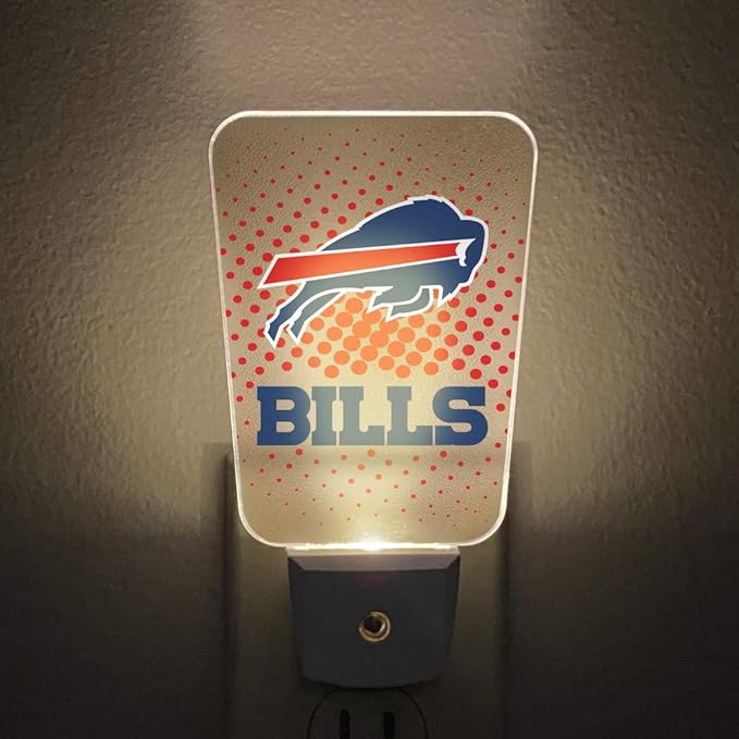 Party Animal NFL Team LED Night Light, with Auto Sensor and 3 Light Settings, Slim 5-Inch Design fits Standard Outlets, Buffalo Bills