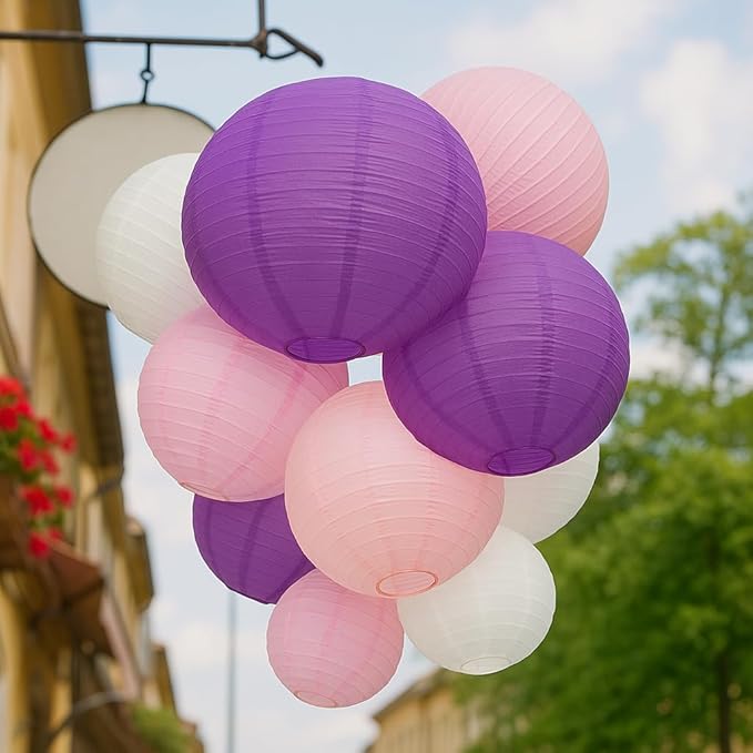 16 Pcs Paper Lanterns Hanging Round Purple Paper Lantern Decorative 6" 8” 10”12" Four Colors Chinese Lanterns for Birthday Wedding Party Decoration Baby Showers Valentine Indoor Outdoor