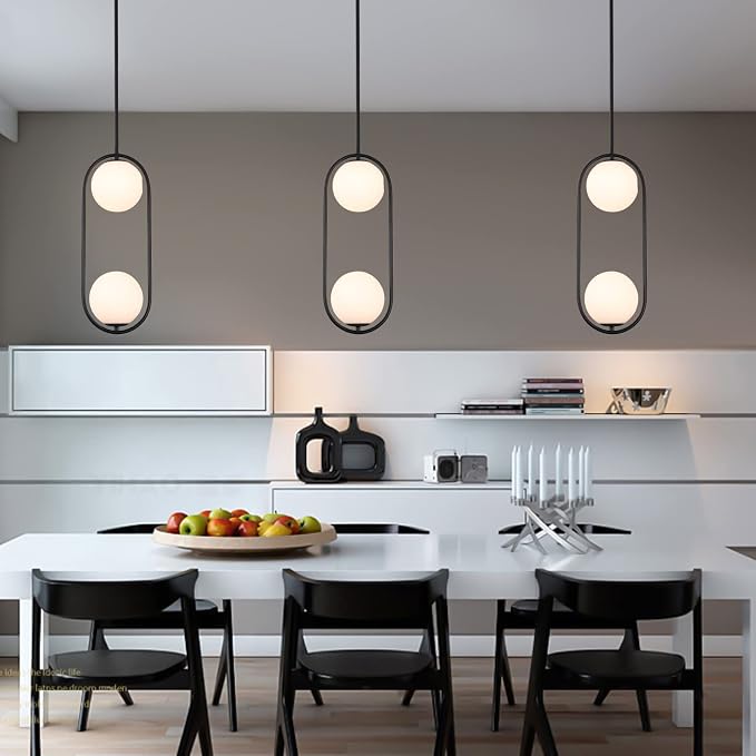 SeeU Modern Style Pendant Lighting Mid Century Pendant Light Fixture Hanging Lighting Fixture Vintage Style with White Globe Glass Lampshade Pendant Chandelier for Kitchen Island Dining Room Bedroom