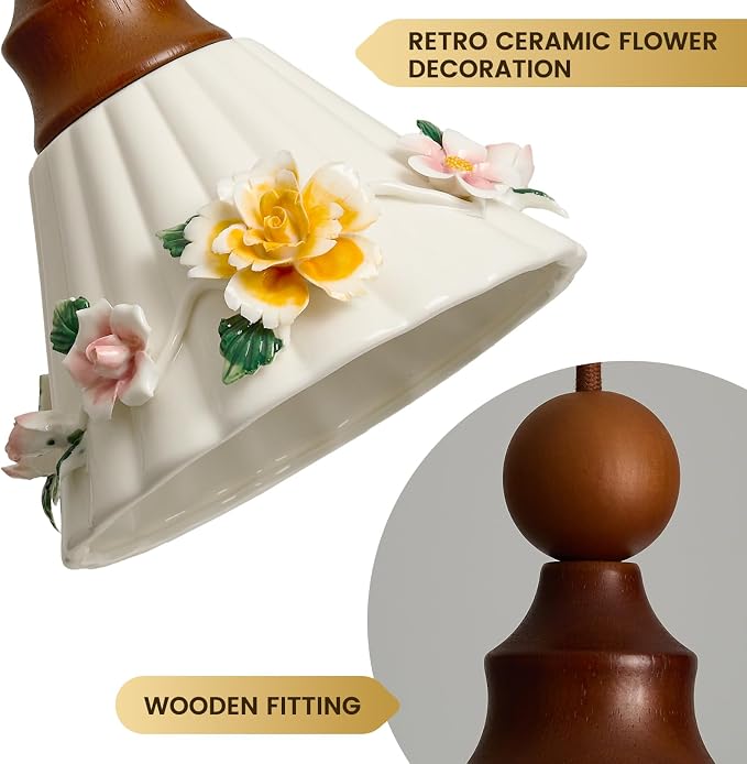 Vintage Ceramic Pendant Light, 6.7in Floral Porcelain Hanging Lamp with wooden Fitting, Mid Century Modern Small Hanging Lighting for Kitchen Island, Bedroom, Girl's Room, Cafe, Nursery, Entrance