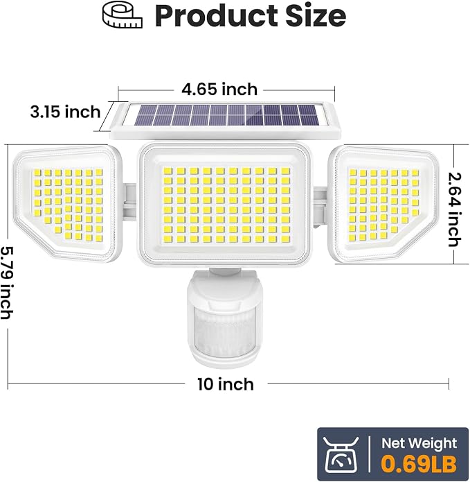 Onforu 4500LM Solar Lights Outdoor, 3 Heads Security Lights with Remote Control, IP65 Waterproof Motion Sensor Lights, 3 Modes Flood Lights for Wall, Porch, Yard, Outside, 2 Pack, White