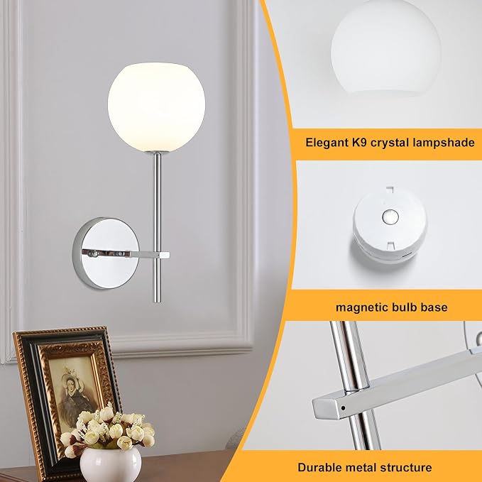 Chrome Battery Operated Wall Sconces Set of 2, Rechargeable Wireless Wall Lights with Milky White Frosted Glass, 12 RGB and 3CCT Dimmable, Wall Lamps with Remote for Bedroom Living Room Hallway