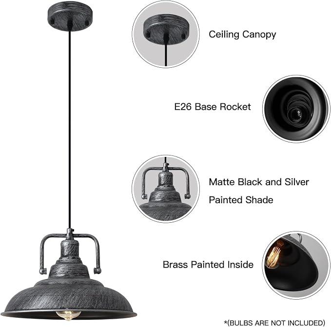 Black and Silver Pendant Light 12.5 inches 3 Packs, Farmhouse Pendant Light, Industrial Pendant Light, Kitchen Pendant Lights, Pendant Lights Kithen Island for Bedroom; Living Room; Kitchen