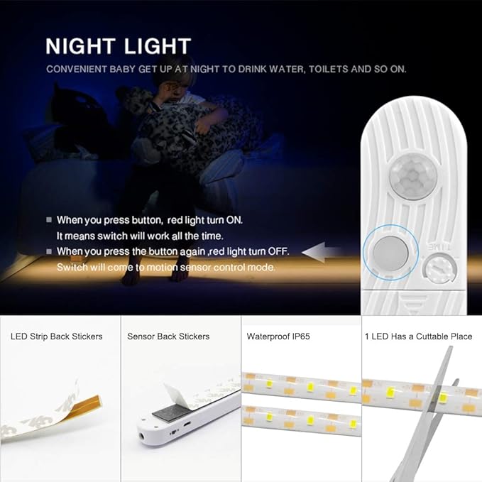 CFGROW LED Under Cabinet Lighting Motion Sensor, 10Ft Four Modes Bed Stairs Wardrobe Lamp Tape, Waterproof 5V USB LED Closet Night Strip Light for Indoor Home Bedroom Decor (Cold White, 3M x 1Pack)