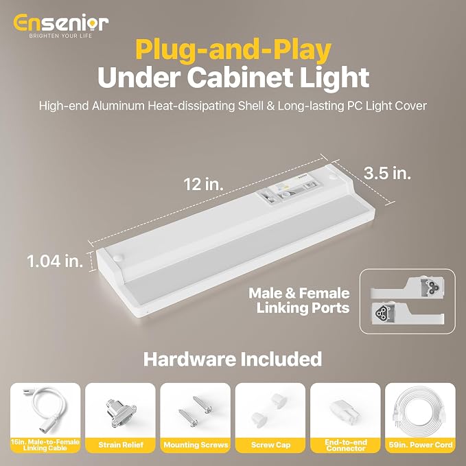 Ensenior Plug in or Hardwired Under Cabinet Lighting, 12 Inch 8W | Heat-dissipating Aluminum, Built-in Switch & 4-Level Dimmer, 5 Colors, 2 Link Options, True-Color CRI90+, Moisture-Proof, FCC