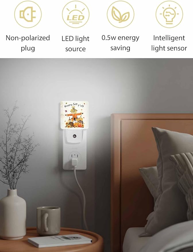Thanksgiving Night Lights Plug into Wall LED Night Light Autumn Pumpkin Vintage Automatic Dimmable Dusk-to-Dawn Square Shaped Smart Nightlight for Bathroom/Bedroom