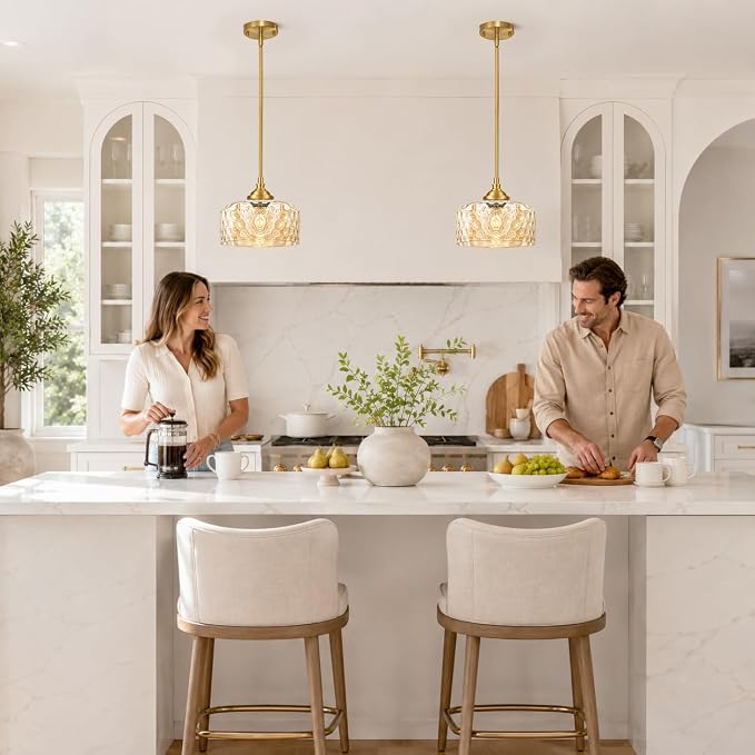 Daunton Gold Farmhouse Hammered Glass Kitchen Pendant Lighting Over Island | Height adjustable hanging light fixture kitchen, 90-degree swivel, 2-in-1 ceiling light and pendant light, E26 bulb base