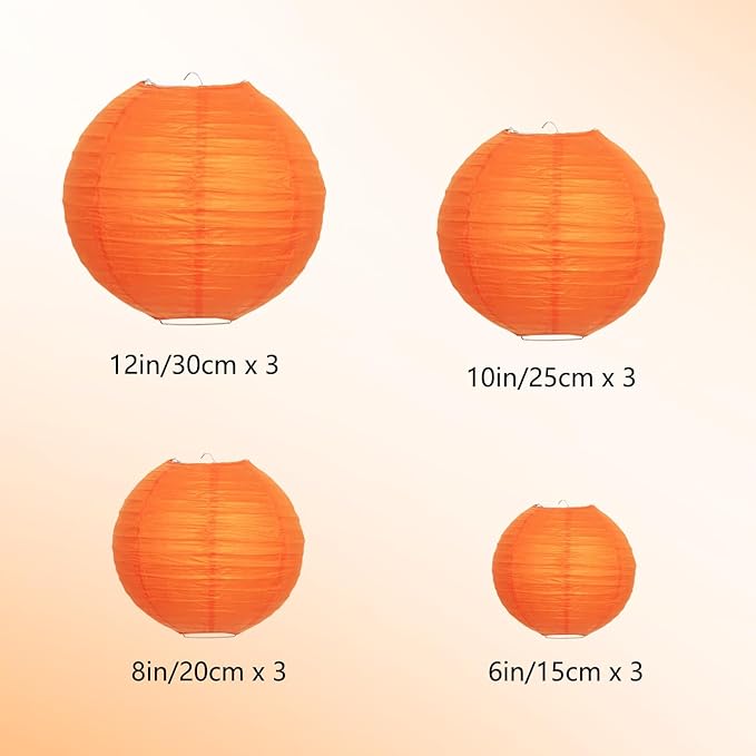 Orange Paper Lanterns 12 Pcs Assorted size of 6" 8" 10" 12" Chinese Round Paper Hanging Decorations Lanterns Lamps for Home Decorations, Parties, and Weddings