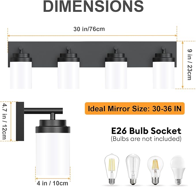 IZORRO Bathroom Vanity Light Fixture, 4-Light 30 Inch Matte Black Bathroom Light Fixtures Over Mirror, with White Glass Shade, Modern Farmhouse Vanity Lights, Rustic Restroom Lighting Fixtures
