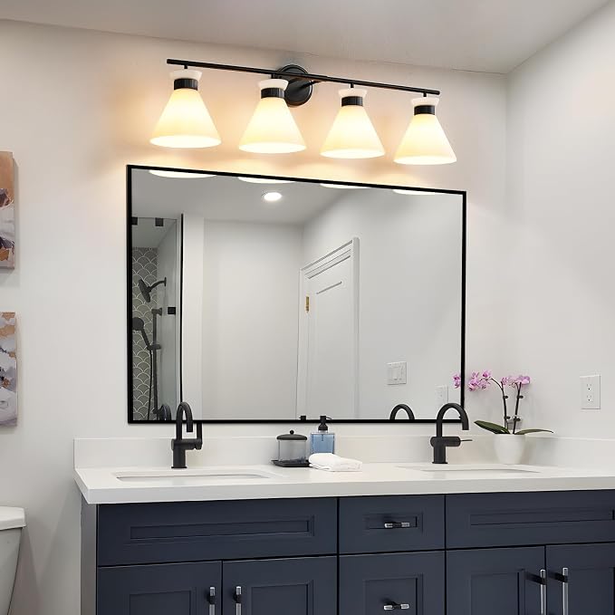 Black Bathroom Vanity Light Fixtures: Bathroom Lighting Fixtures over Mirror 36 inch with Milky White Frosted Glass, 4 Bulbs Farmhouse Vintage Vanity Lighting Bathroom Wall Light(Exclude Bulb)