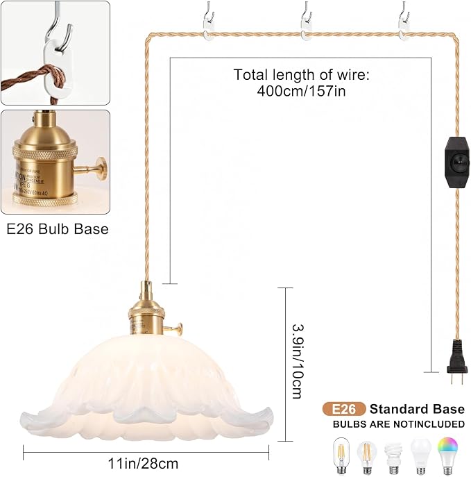 Plug in Pendant Light Fixtures,Hanging Light Fixture Corded On/Off Switch,11 inch E26 White Glass Lampshade Pendant Lighting for Kitchen Island, Bedroom, Dining Room