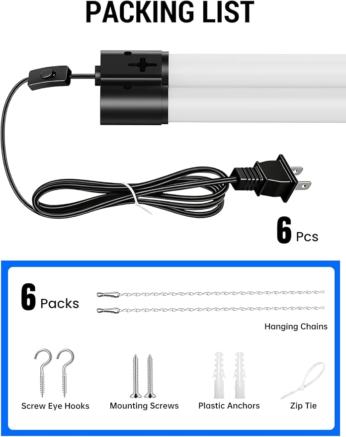 (6 Pack) LED Shop Light 4FT, 4500LM, 45W (150W Equivalent), 6500K Bright White Linkable Integrated Ceiling Light Fixture, Hanging or Flush Mount Garage Lighting, Corded Electric with ON/OFF Switch