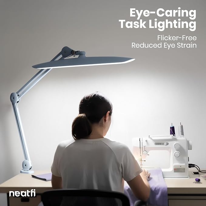 Neatfi XL 2200 Lumens 24W LED Desk Lamp – Shadow-Free Task Lighting | 4-Level Dimming | Home Office & Crafts Use | 20-Inch Wide Head (Gray, Non-CCT with Clamp)