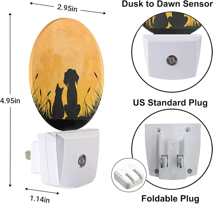 Best Friends Night Light Cute Dog and Cat on The Moon Night Lights Plug into Wall 0.5W LED Lighting Auto on/Off for Hallway Stairway Kitchen Home Decor