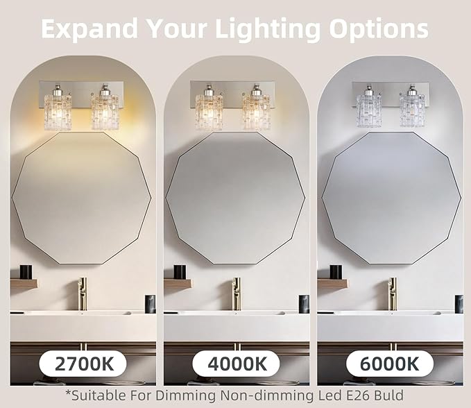 2-Light Nickel Crystal Bathroom Vanity Light Fixture Over Mirror, Modern Bathroom Wall Light for Living Room, Bedroom, Hallway